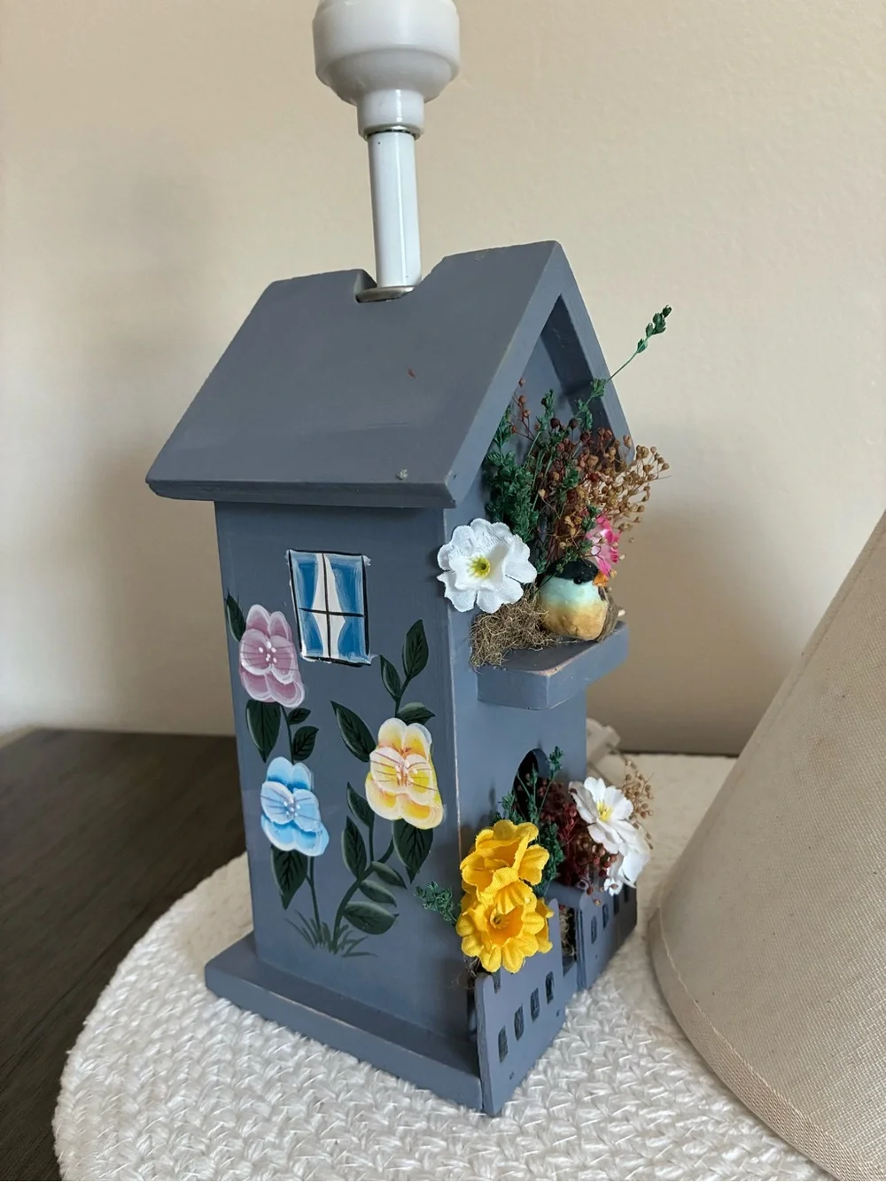 Handcrafted Gray Birdhouse Table Lamp with Cream Shade